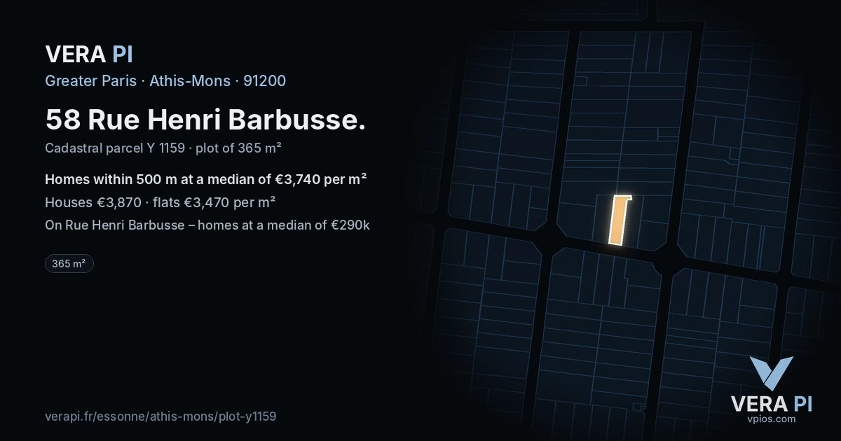 58 Rue Henri Barbusse, Athis-Mons at night – the plot lit, the parcels around coloured by the prices near them