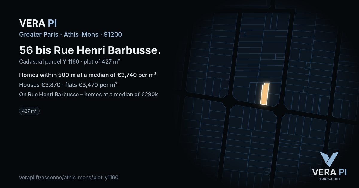 56 bis Rue Henri Barbusse, Athis-Mons at night – the plot lit, the parcels around coloured by the prices near them