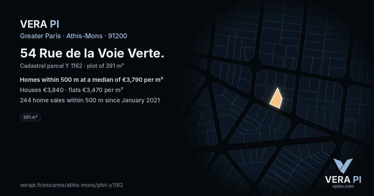 54 Rue de la Voie Verte, Athis-Mons at night – the plot lit, the parcels around coloured by the prices near them