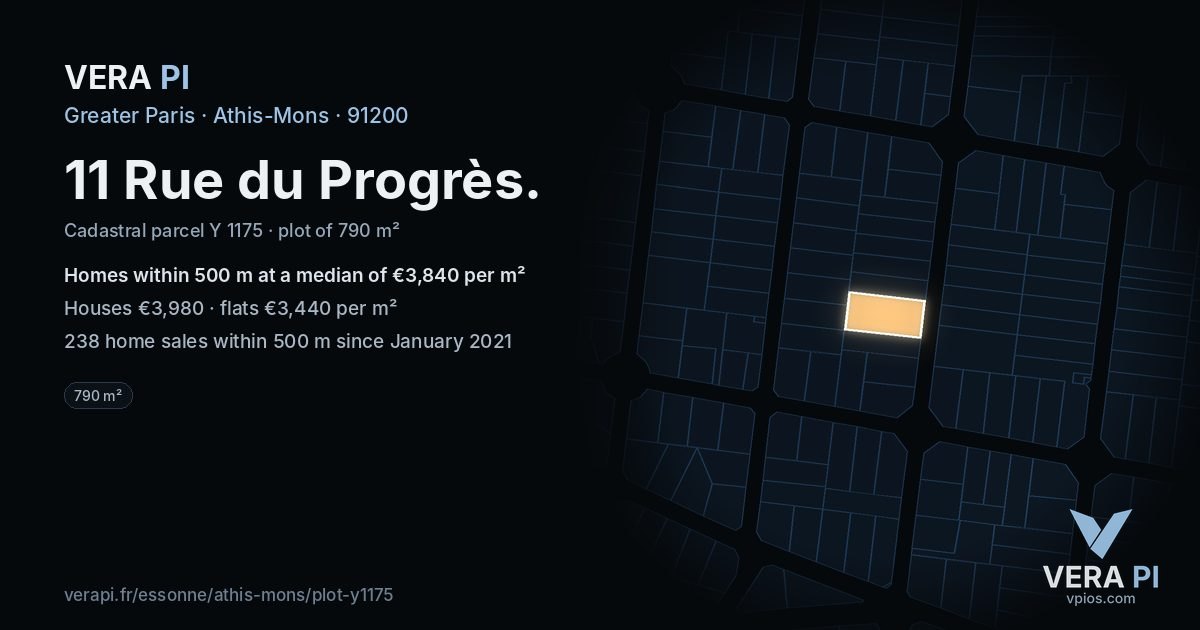 11 Rue du Progrès, Athis-Mons at night – the plot lit, the parcels around coloured by the prices near them