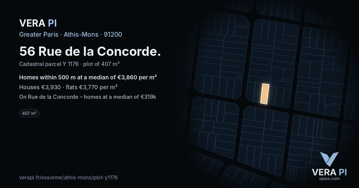 56 Rue de la Concorde, Athis-Mons at night – the plot lit, the parcels around coloured by the prices near them