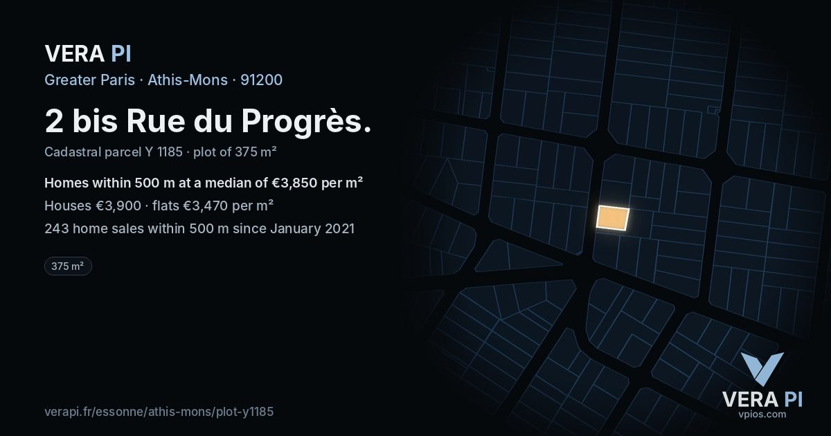 2 bis Rue du Progrès, Athis-Mons at night – the plot lit, the parcels around coloured by the prices near them