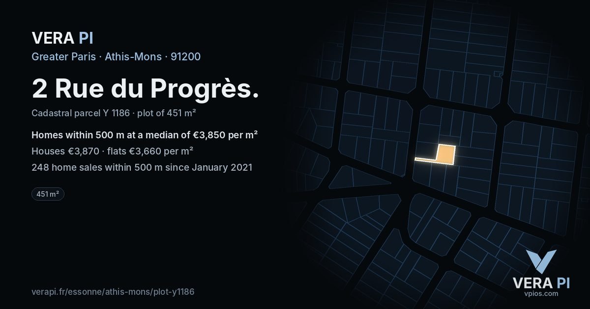 2 Rue du Progrès, Athis-Mons at night – the plot lit, the parcels around coloured by the prices near them