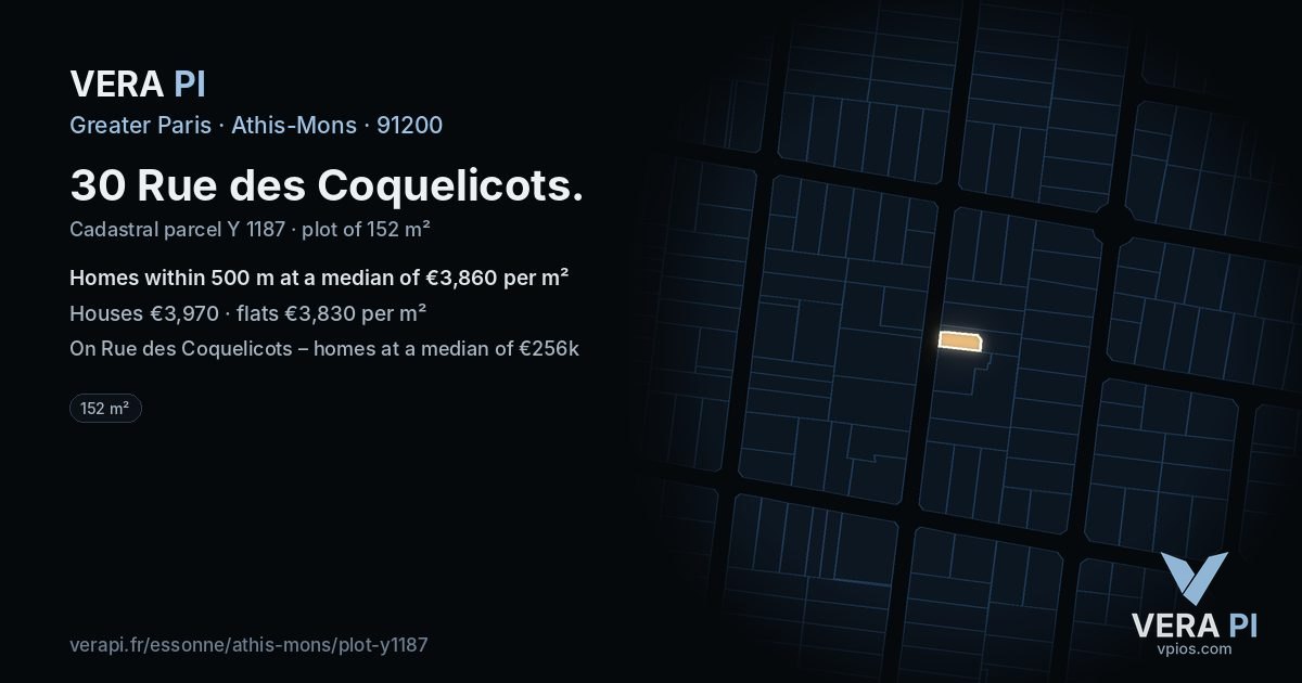 30 Rue des Coquelicots, Athis-Mons at night – the plot lit, the parcels around coloured by the prices near them