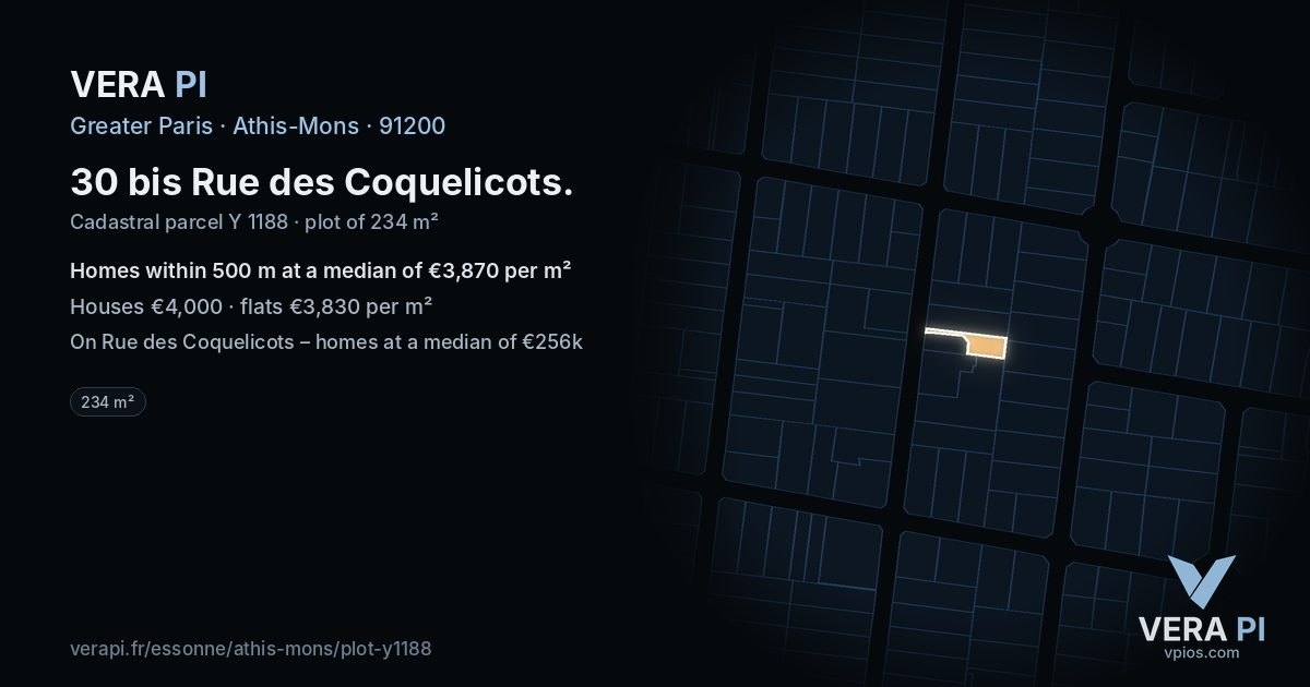 30 bis Rue des Coquelicots, Athis-Mons at night – the plot lit, the parcels around coloured by the prices near them