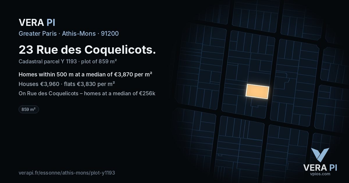 23 Rue des Coquelicots, Athis-Mons at night – the plot lit, the parcels around coloured by the prices near them