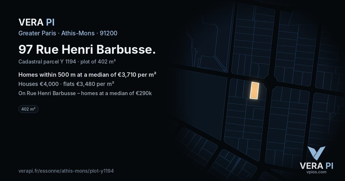 97 Rue Henri Barbusse, Athis-Mons at night – the plot lit, the parcels around coloured by the prices near them