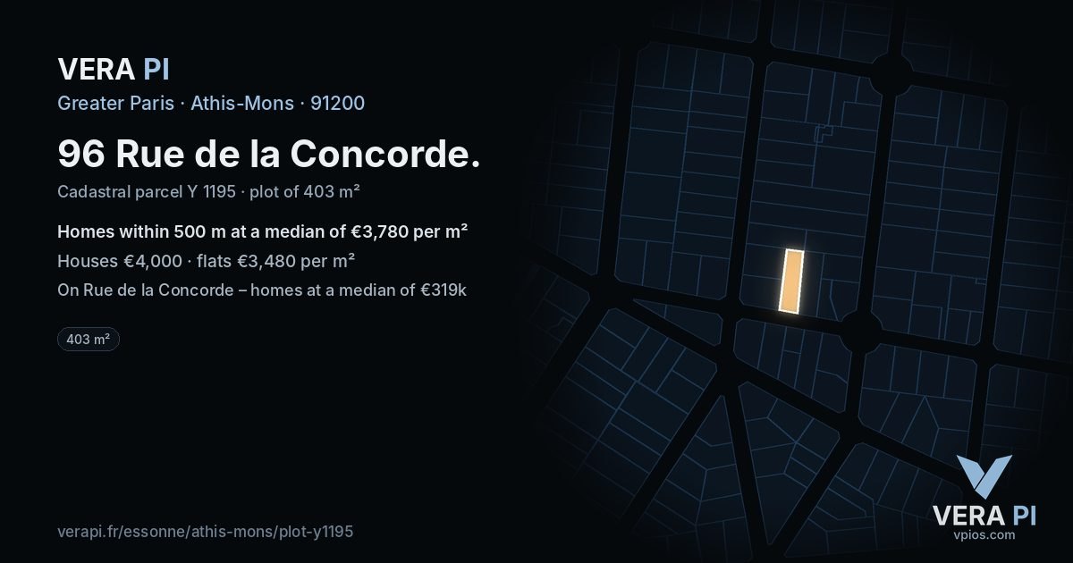 96 Rue de la Concorde, Athis-Mons at night – the plot lit, the parcels around coloured by the prices near them