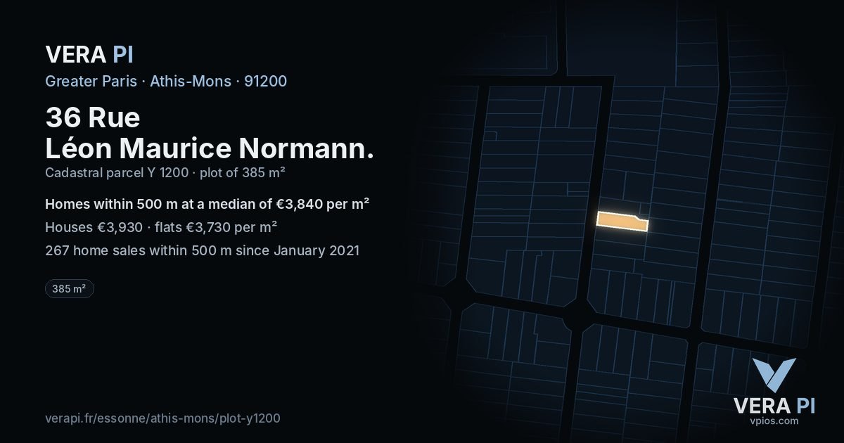 36 Rue Léon Maurice Normann, Athis-Mons at night – the plot lit, the parcels around coloured by the prices near them