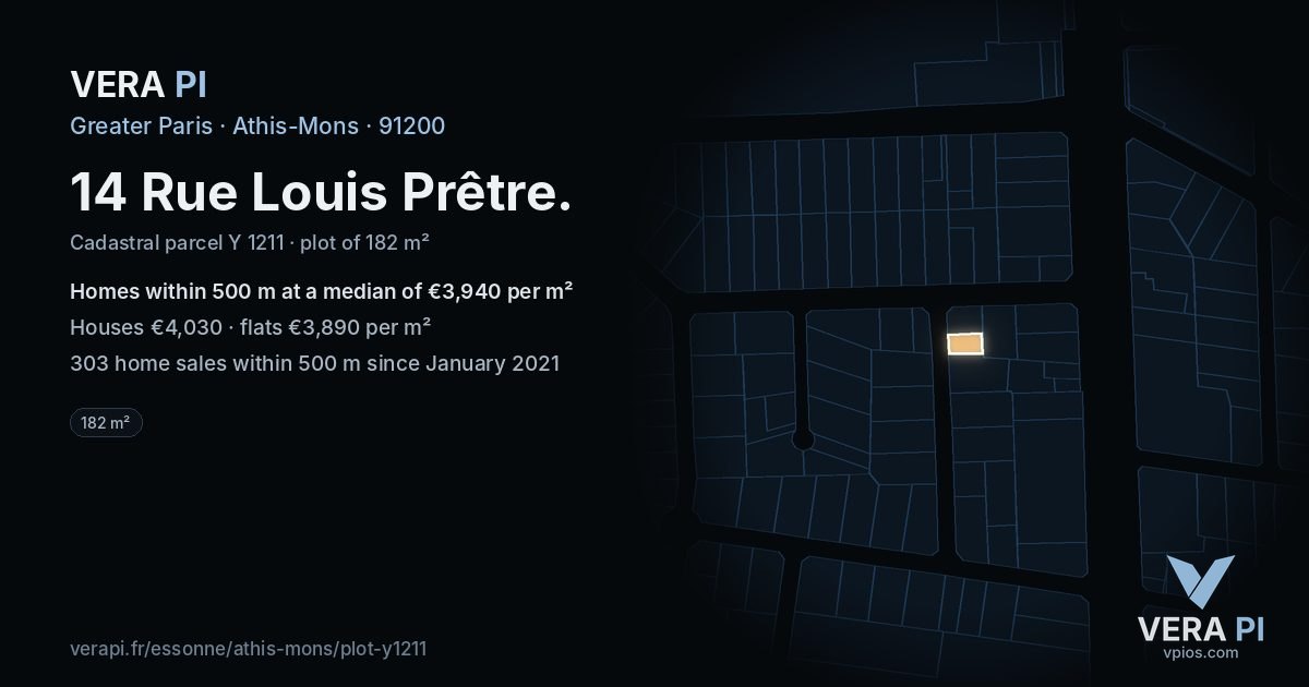 14 Rue Louis Prêtre, Athis-Mons at night – the plot lit, the parcels around coloured by the prices near them