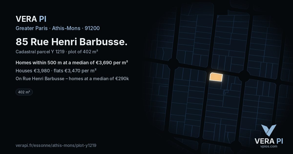 85 Rue Henri Barbusse, Athis-Mons at night – the plot lit, the parcels around coloured by the prices near them