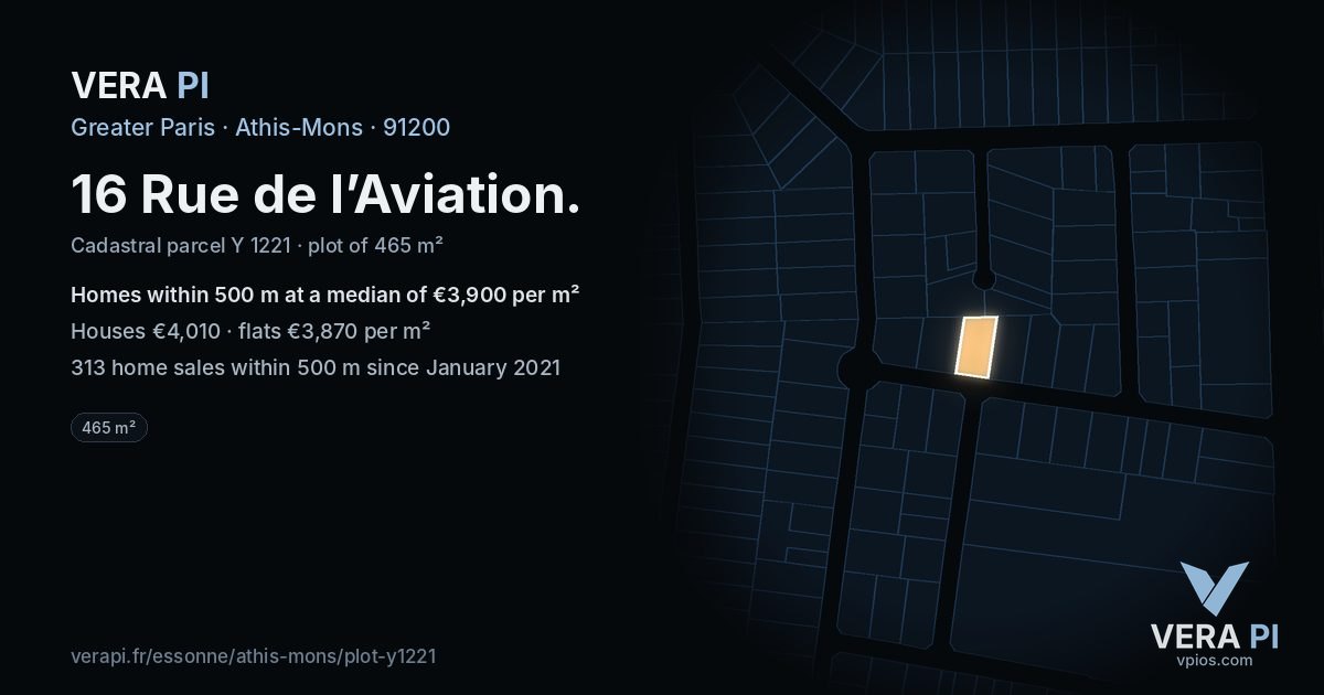 16 Rue de l’Aviation, Athis-Mons at night – the plot lit, the parcels around coloured by the prices near them