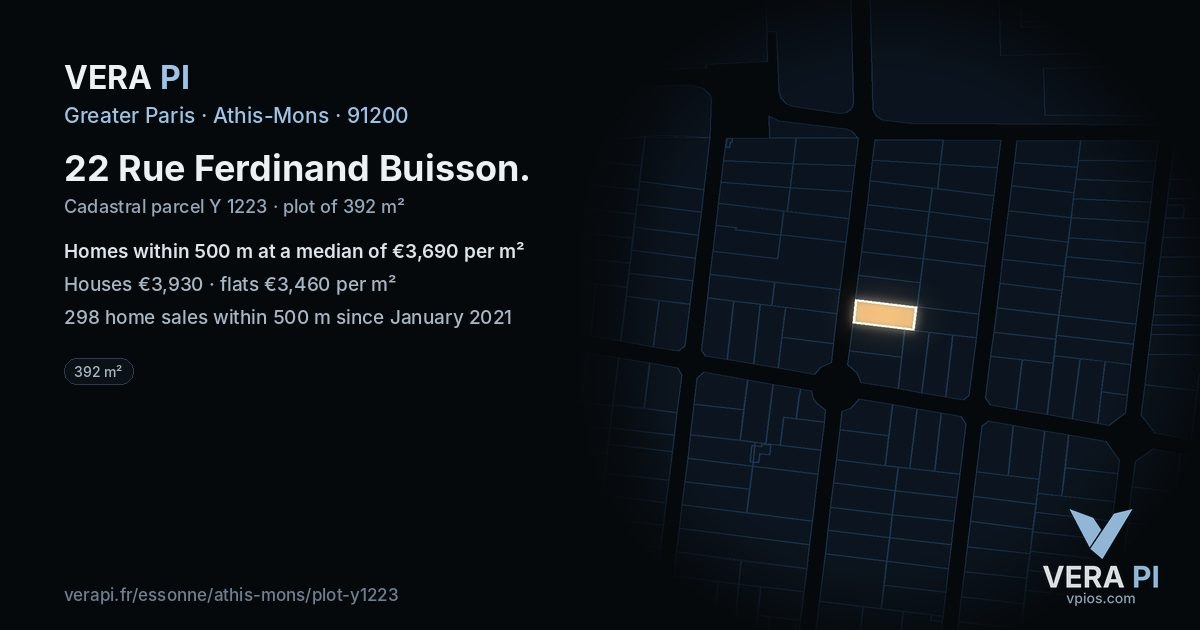 22 Rue Ferdinand Buisson, Athis-Mons at night – the plot lit, the parcels around coloured by the prices near them
