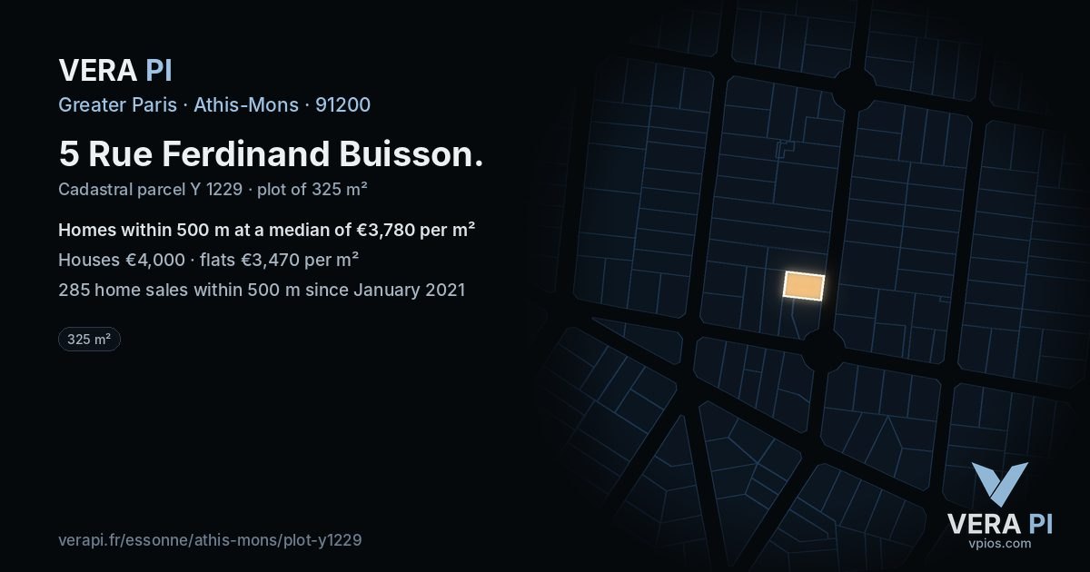 5 Rue Ferdinand Buisson, Athis-Mons at night – the plot lit, the parcels around coloured by the prices near them