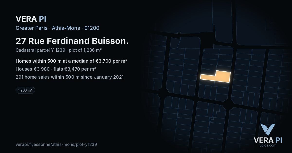 27 Rue Ferdinand Buisson, Athis-Mons at night – the plot lit, the parcels around coloured by the prices near them