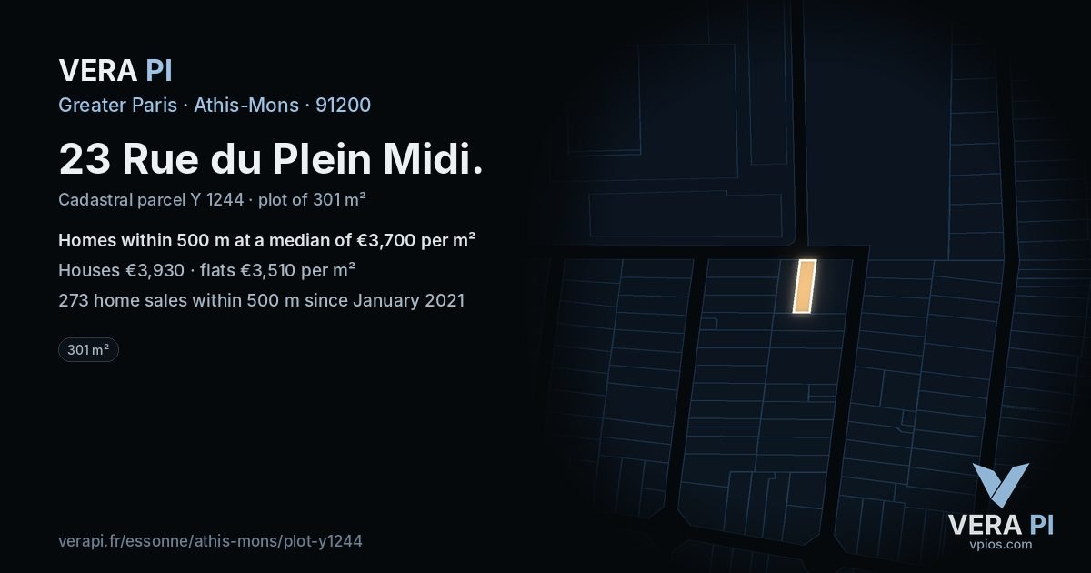 23 Rue du Plein Midi, Athis-Mons at night – the plot lit, the parcels around coloured by the prices near them