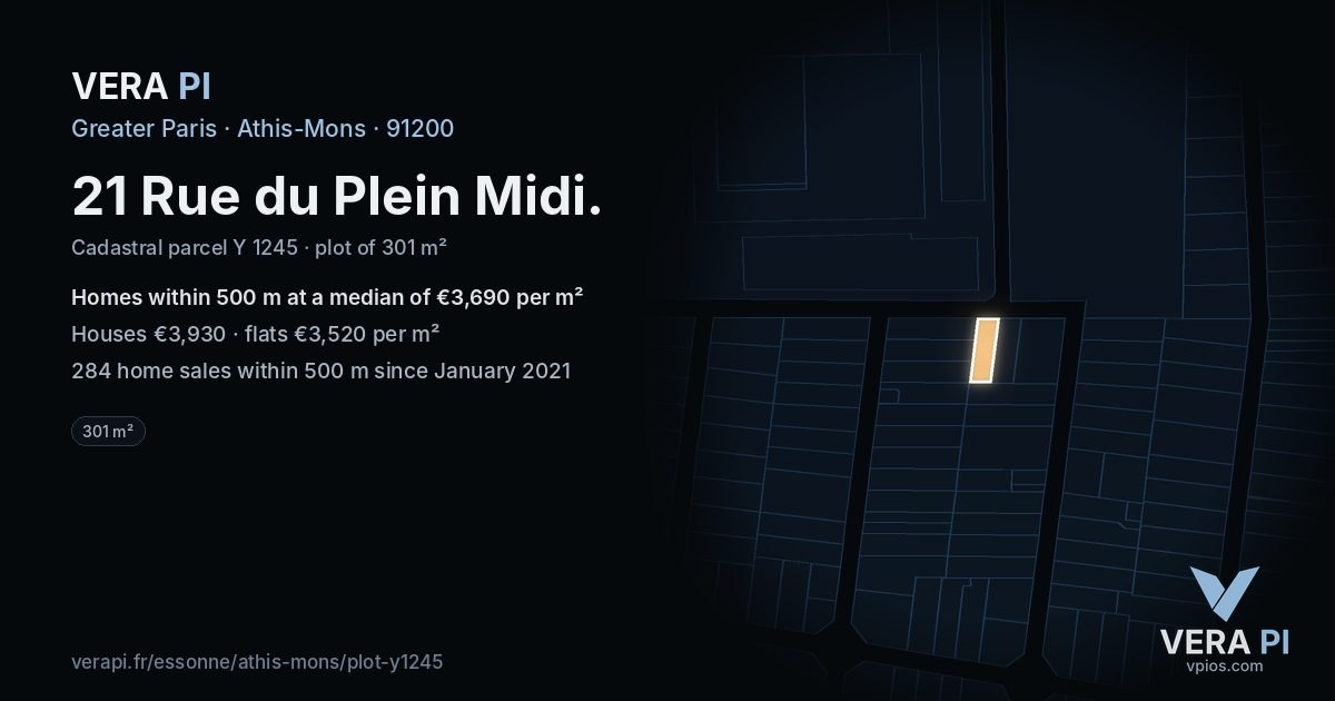 21 Rue du Plein Midi, Athis-Mons at night – the plot lit, the parcels around coloured by the prices near them