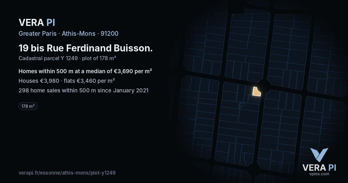 19 bis Rue Ferdinand Buisson, Athis-Mons at night – the plot lit, the parcels around coloured by the prices near them