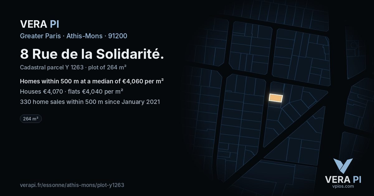 8 Rue de la Solidarité, Athis-Mons at night – the plot lit, the parcels around coloured by the prices near them