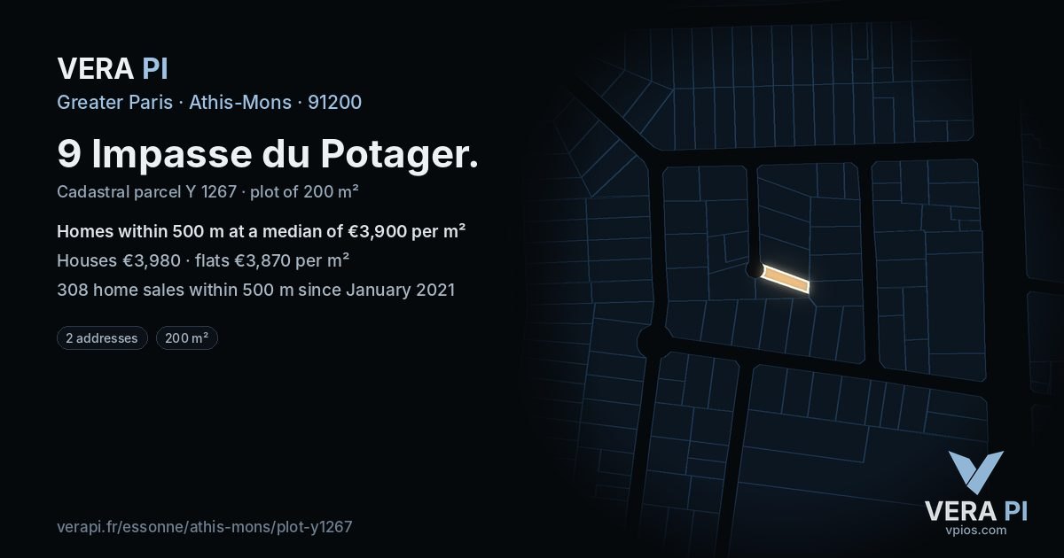 9 Impasse du Potager, Athis-Mons at night – the plot lit, the parcels around coloured by the prices near them