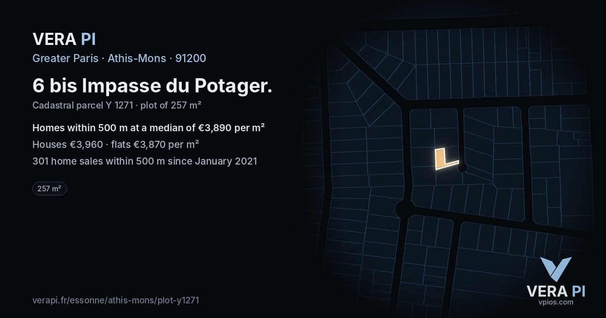 6 bis Impasse du Potager, Athis-Mons at night – the plot lit, the parcels around coloured by the prices near them