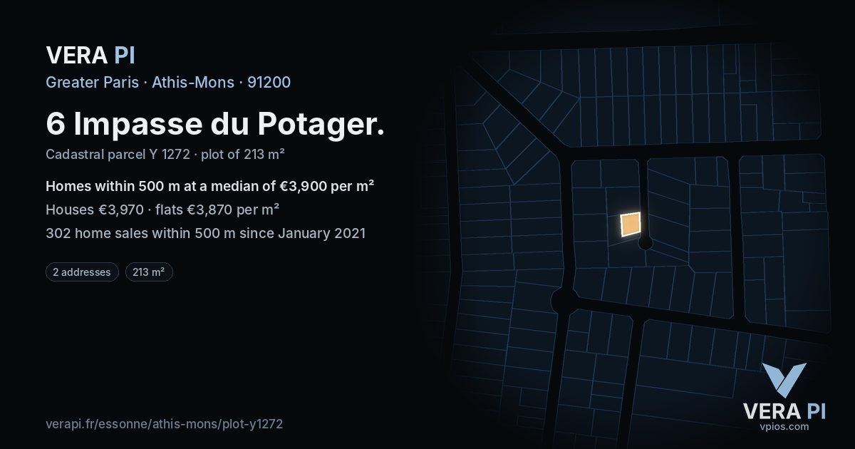 6 Impasse du Potager, Athis-Mons at night – the plot lit, the parcels around coloured by the prices near them