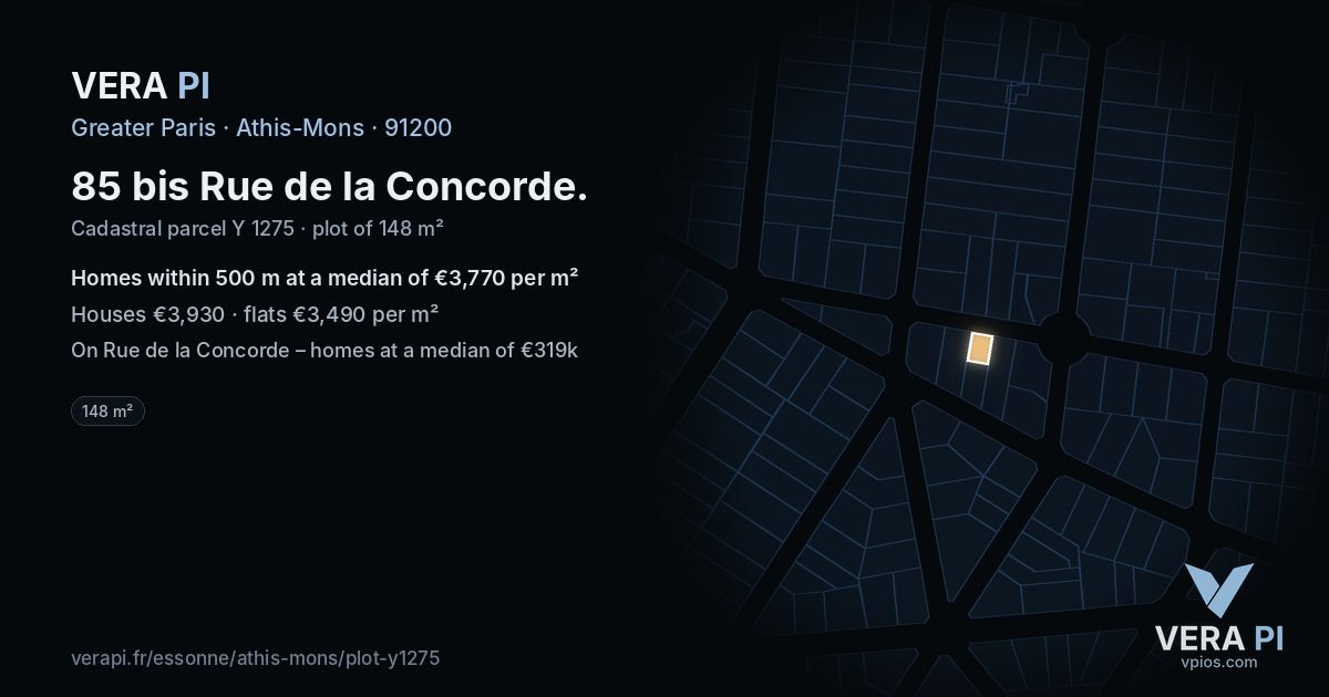 85 bis Rue de la Concorde, Athis-Mons at night – the plot lit, the parcels around coloured by the prices near them
