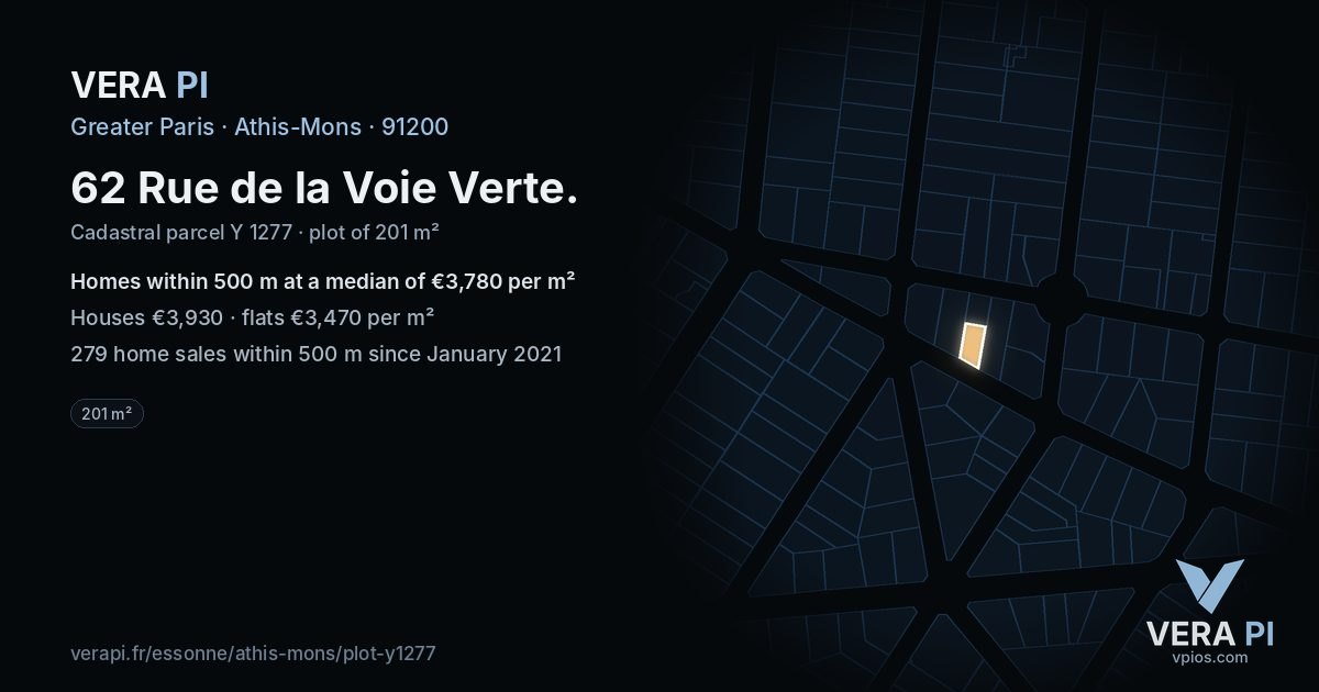 62 Rue de la Voie Verte, Athis-Mons at night – the plot lit, the parcels around coloured by the prices near them