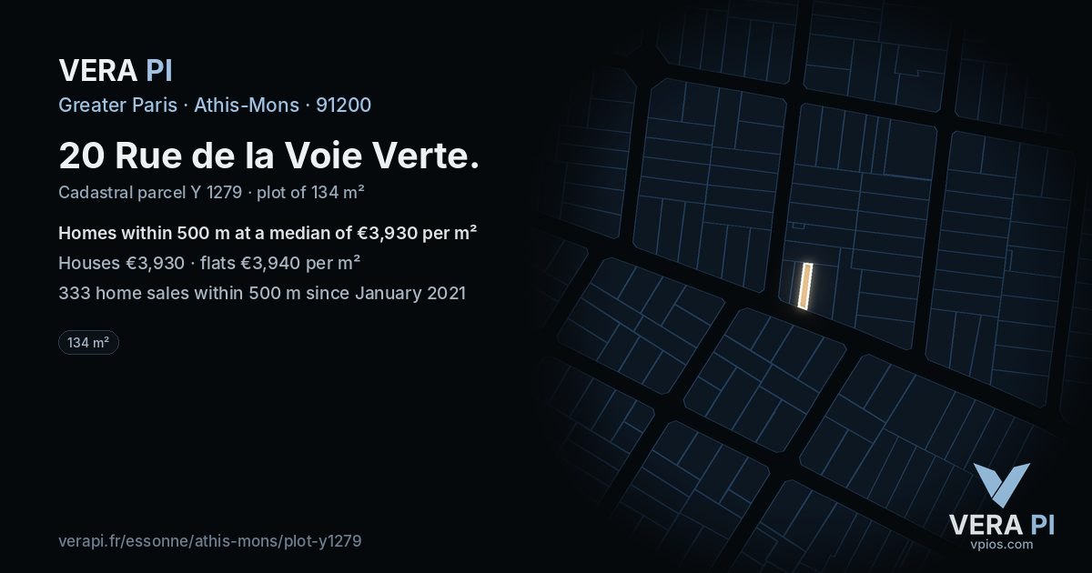 20 Rue de la Voie Verte, Athis-Mons at night – the plot lit, the parcels around coloured by the prices near them