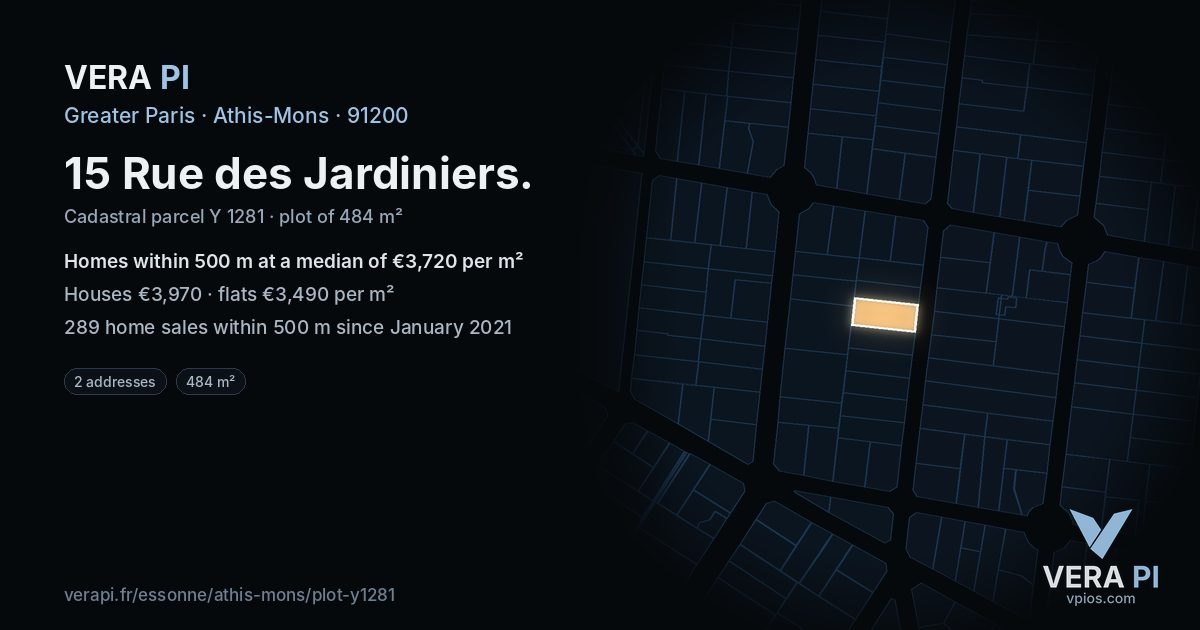 15 Rue des Jardiniers, Athis-Mons at night – the plot lit, the parcels around coloured by the prices near them