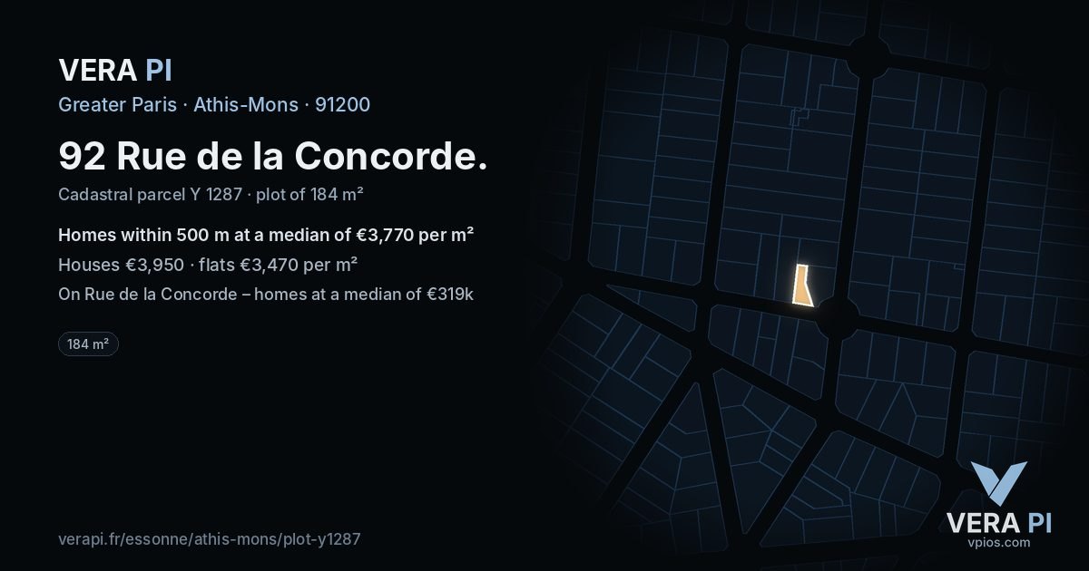 92 Rue de la Concorde, Athis-Mons at night – the plot lit, the parcels around coloured by the prices near them
