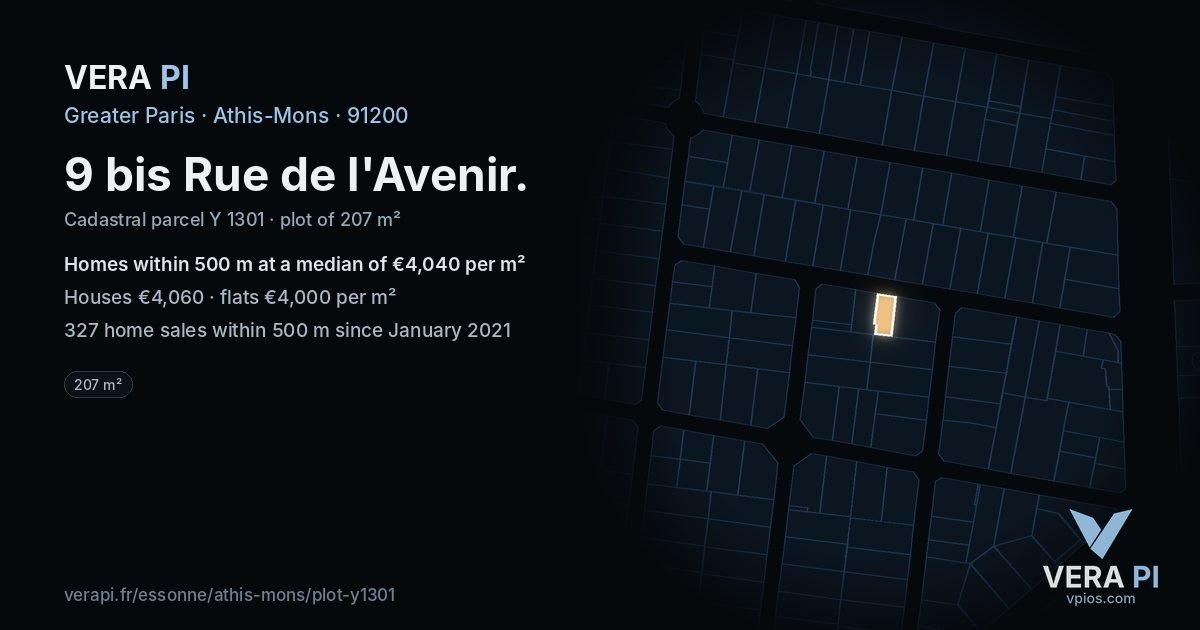 9 bis Rue de l'Avenir, Athis-Mons at night – the plot lit, the parcels around coloured by the prices near them