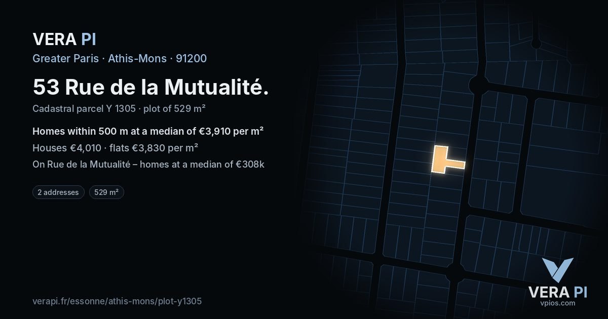 53 Rue de la Mutualité, Athis-Mons at night – the plot lit, the parcels around coloured by the prices near them