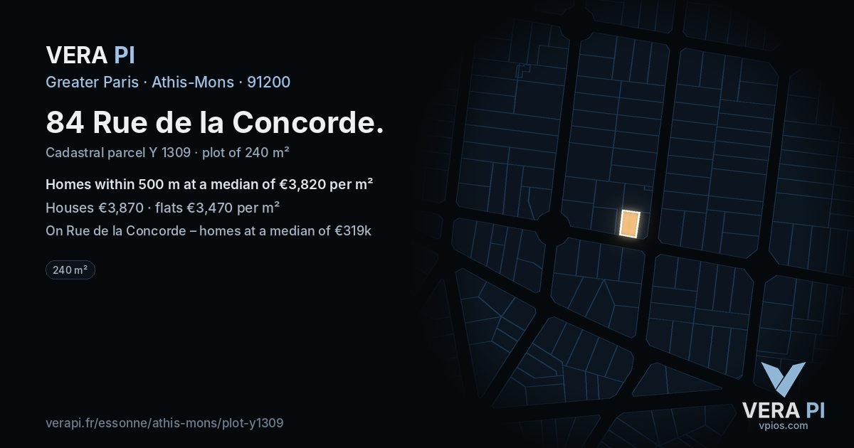 84 Rue de la Concorde, Athis-Mons at night – the plot lit, the parcels around coloured by the prices near them
