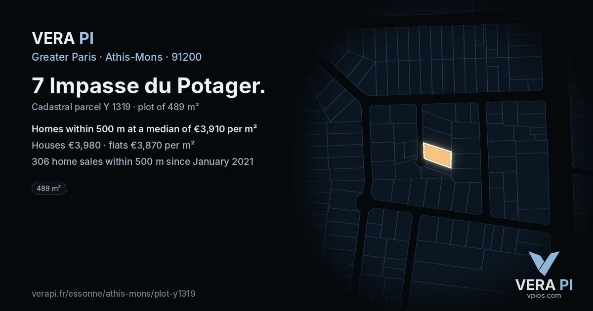7 Impasse du Potager, Athis-Mons at night – the plot lit, the parcels around coloured by the prices near them