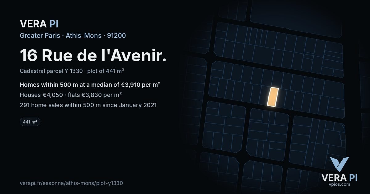 16 Rue de l'Avenir, Athis-Mons at night – the plot lit, the parcels around coloured by the prices near them