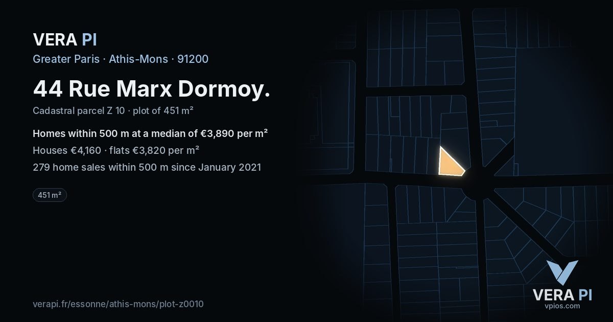 44 Rue Marx Dormoy, Athis-Mons at night – the plot lit, the parcels around coloured by the prices near them