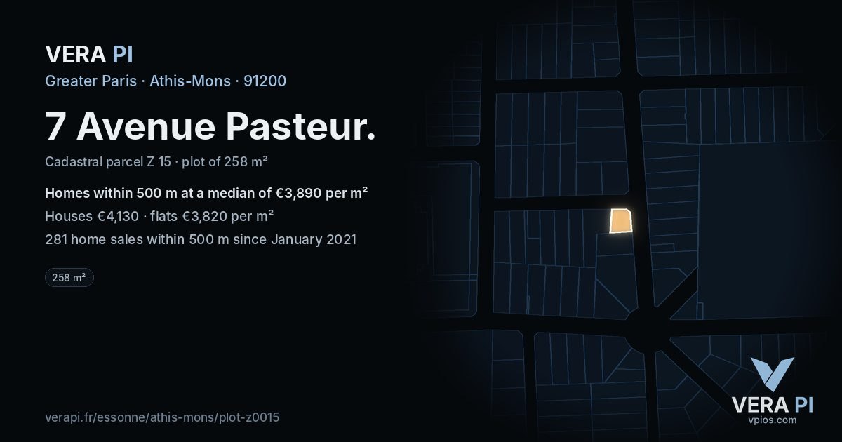 7 Avenue Pasteur, Athis-Mons at night – the plot lit, the parcels around coloured by the prices near them