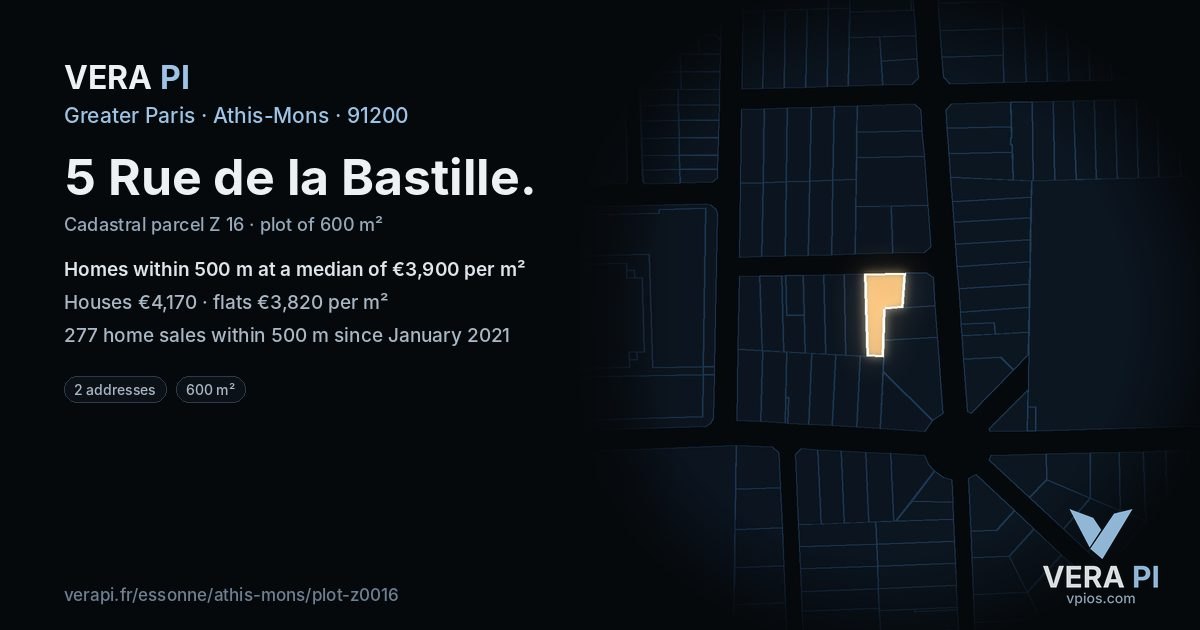 5 Rue de la Bastille, Athis-Mons at night – the plot lit, the parcels around coloured by the prices near them