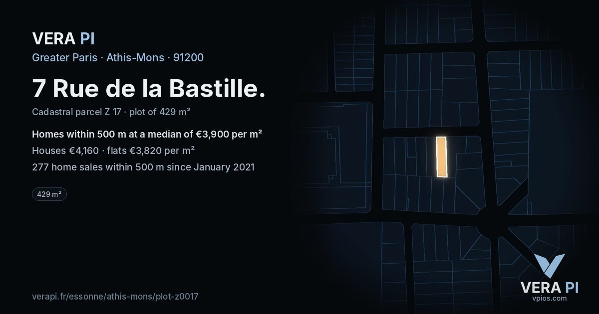 7 Rue de la Bastille, Athis-Mons at night – the plot lit, the parcels around coloured by the prices near them