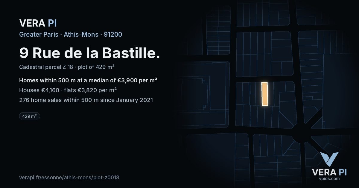 9 Rue de la Bastille, Athis-Mons at night – the plot lit, the parcels around coloured by the prices near them