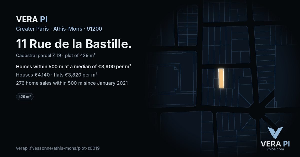 11 Rue de la Bastille, Athis-Mons at night – the plot lit, the parcels around coloured by the prices near them