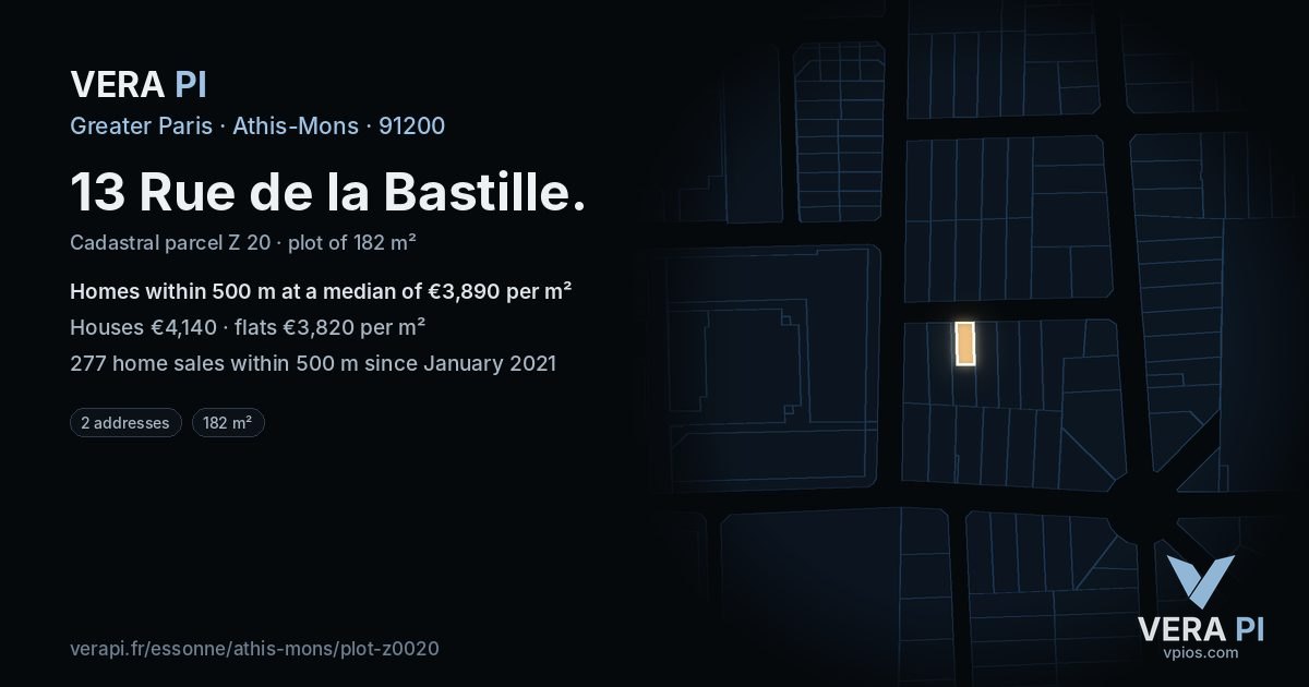 13 Rue de la Bastille, Athis-Mons at night – the plot lit, the parcels around coloured by the prices near them