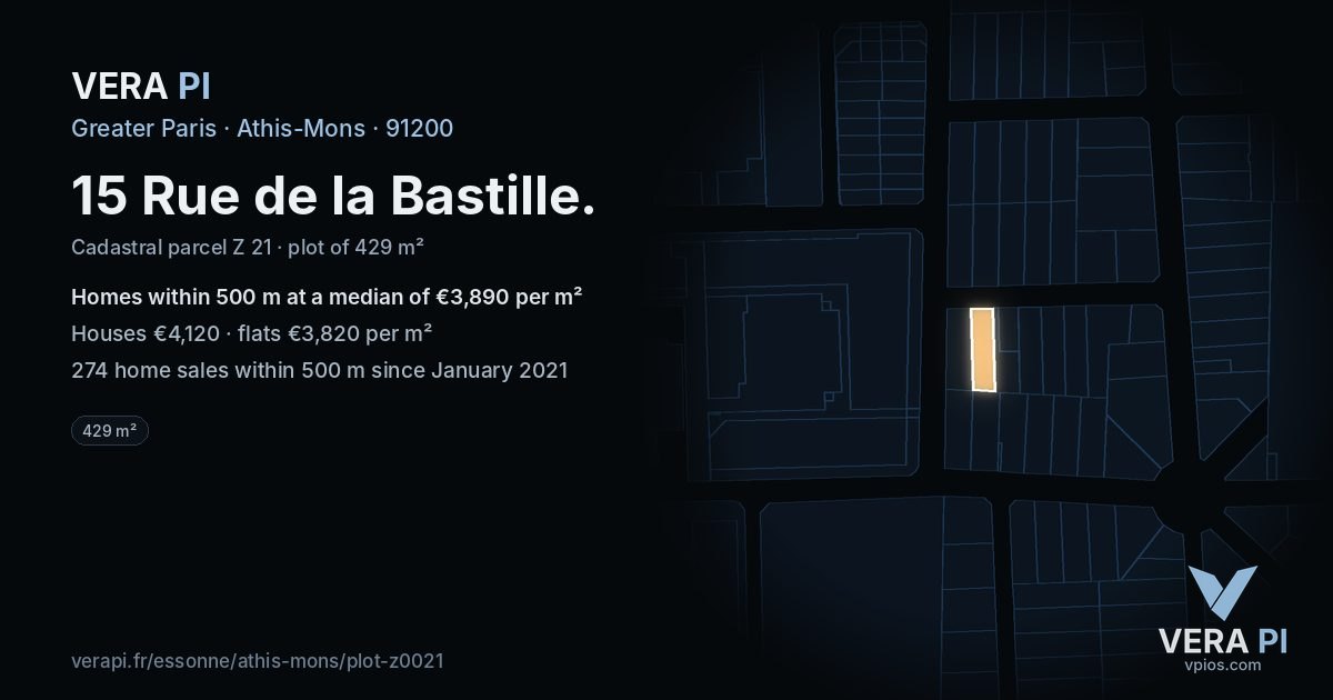 15 Rue de la Bastille, Athis-Mons at night – the plot lit, the parcels around coloured by the prices near them