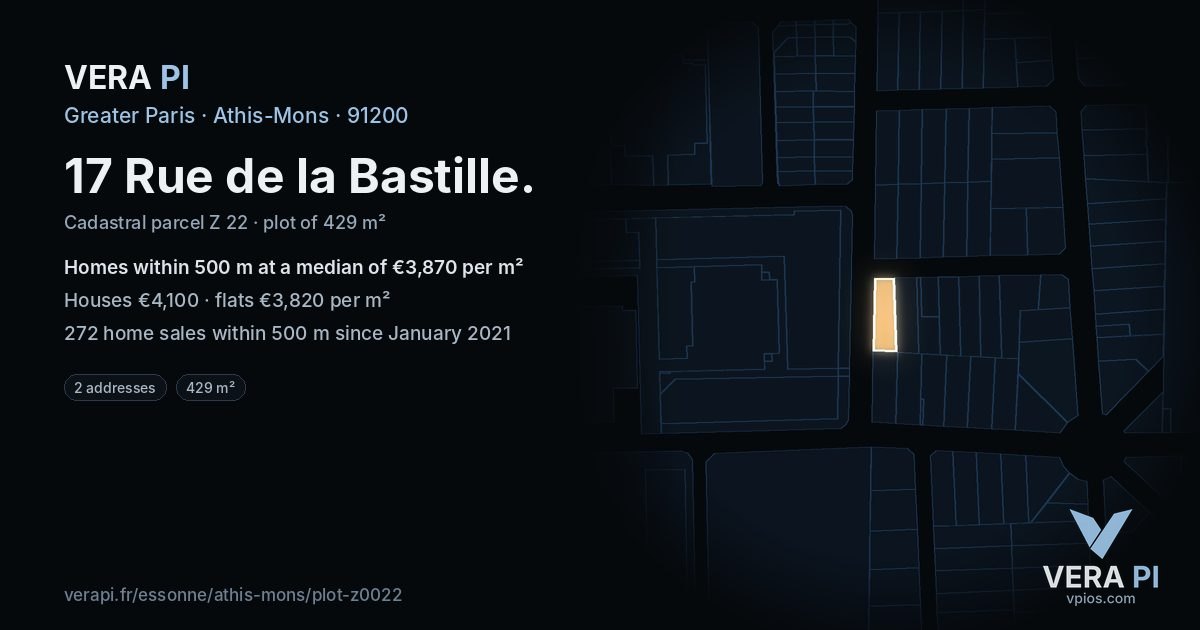 17 Rue de la Bastille, Athis-Mons at night – the plot lit, the parcels around coloured by the prices near them