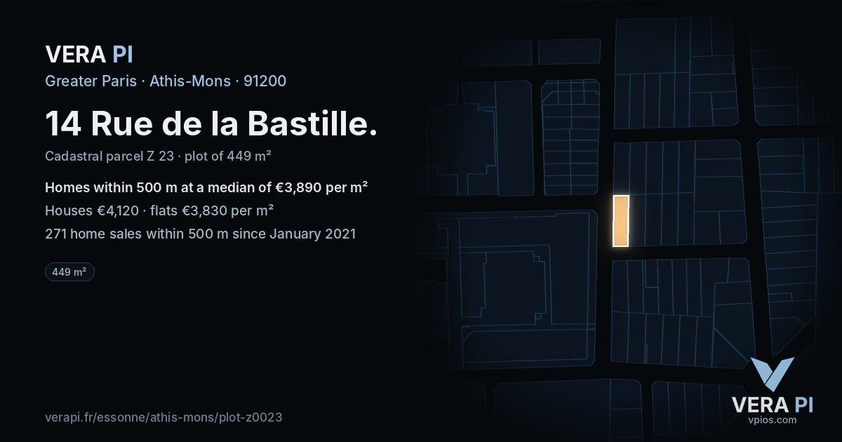 14 Rue de la Bastille, Athis-Mons at night – the plot lit, the parcels around coloured by the prices near them