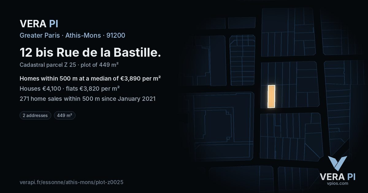 12 bis Rue de la Bastille, Athis-Mons at night – the plot lit, the parcels around coloured by the prices near them