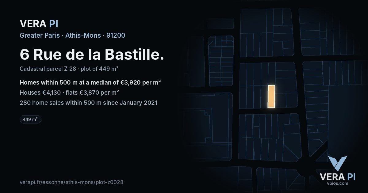 6 Rue de la Bastille, Athis-Mons at night – the plot lit, the parcels around coloured by the prices near them