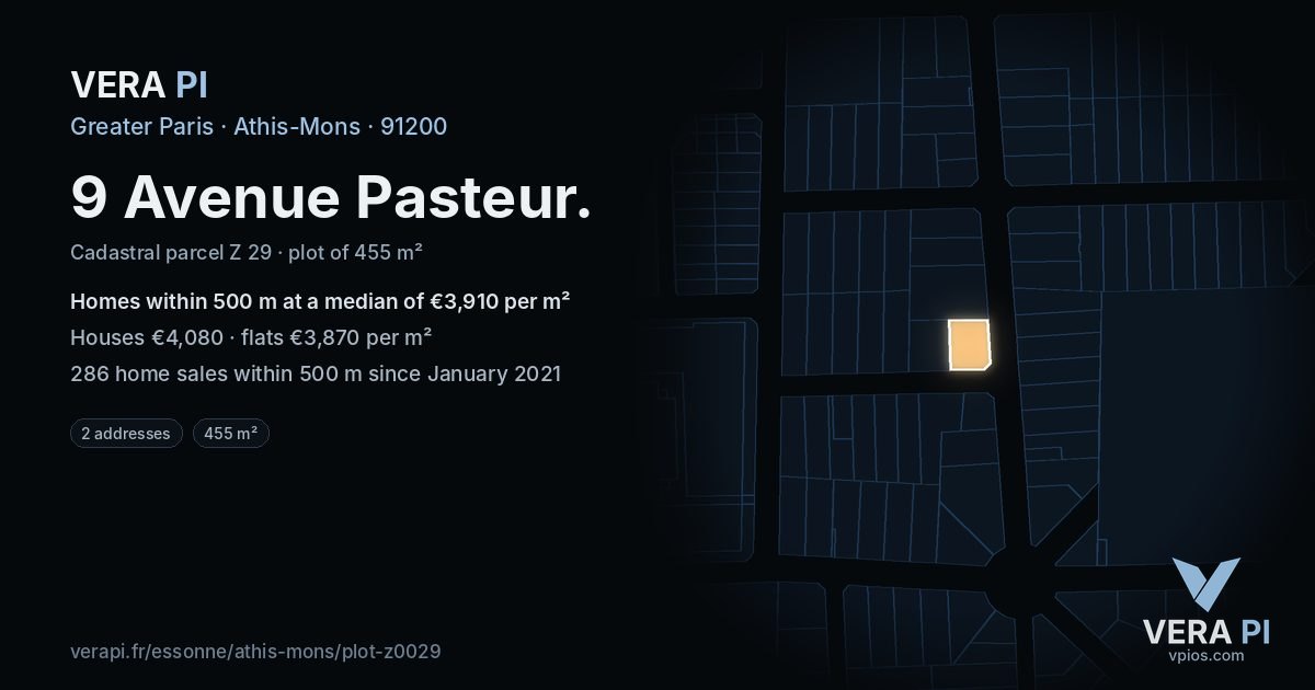 9 Avenue Pasteur, Athis-Mons at night – the plot lit, the parcels around coloured by the prices near them