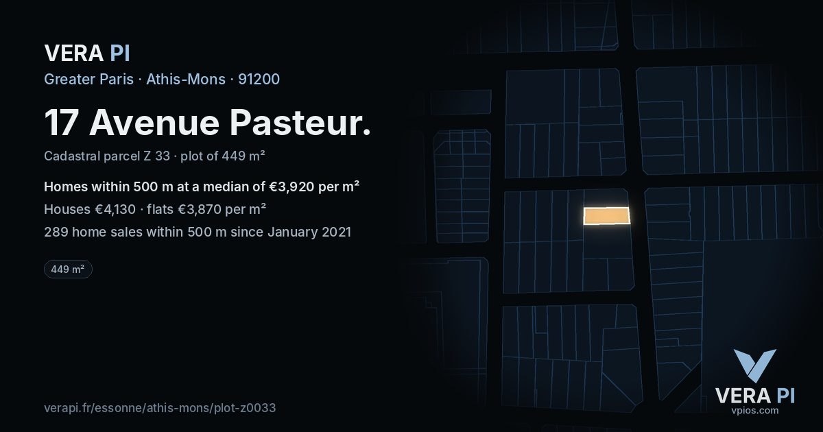 17 Avenue Pasteur, Athis-Mons at night – the plot lit, the parcels around coloured by the prices near them